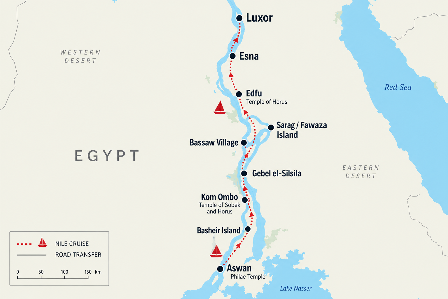 Nile Dahabeya Amoura Cruise 4 days/3 nights route map